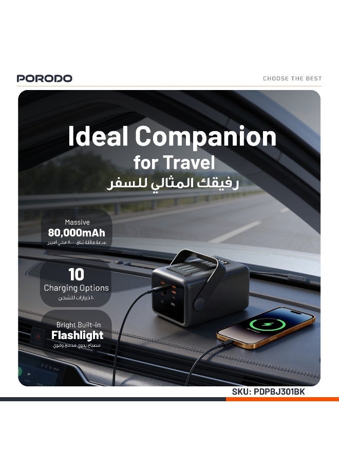 porodo LARA Power Bank 80000mAh with Integrated Cables and Flashlight / Fast Charge Powerbank / Portable Charger 20W PD / Portable Handle / Built-in Safety Feature / High Battery Capacity - Black - Image 4